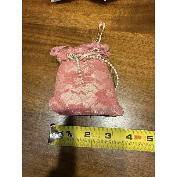 4 Miniature Pearl & Rose Lace Bags Ornaments Pink Cream Victorian Decor Set - Picture 5 of 7